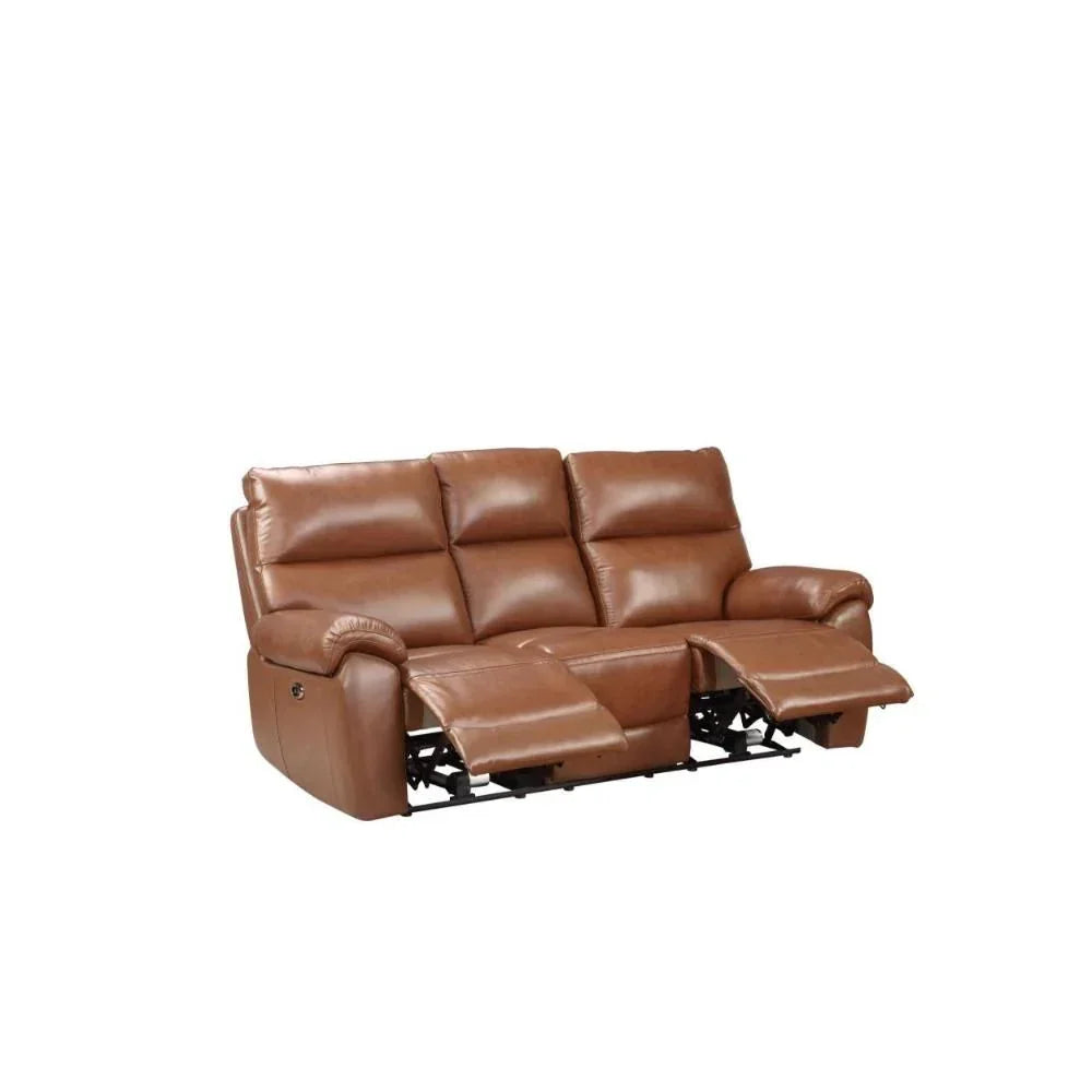 Brown leather reclining sofa with extended footrests and padded backrests