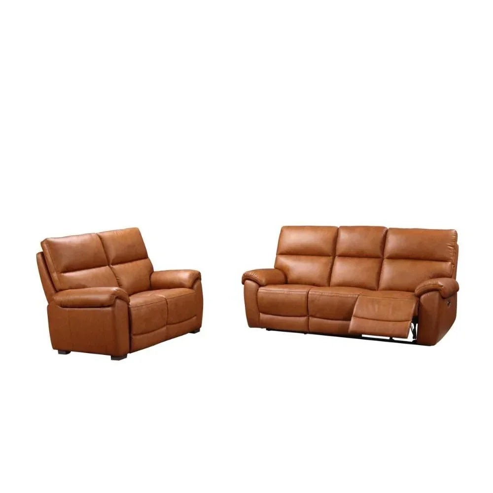 Tan leather recliner sofa set with two and three seater sofas, one with footrest extended