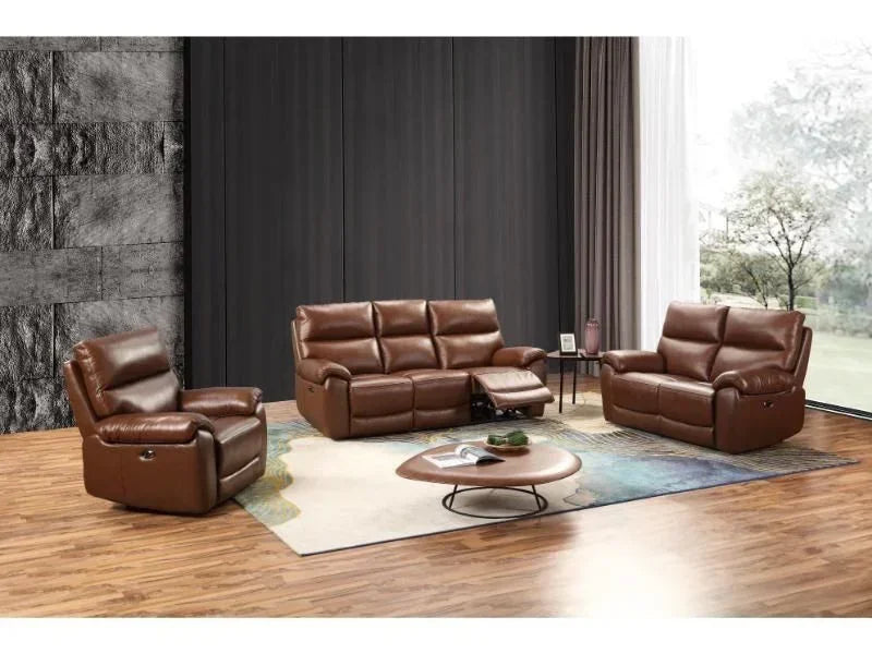 Brown leather recliner sofa set with coffee table in modern living room