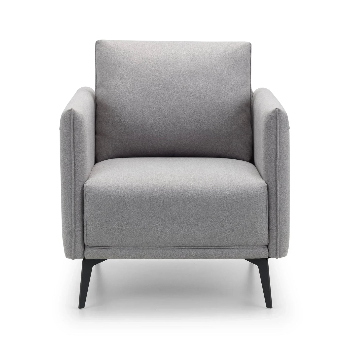 Modern grey fabric armchair with slim black metal legs, front-facing view