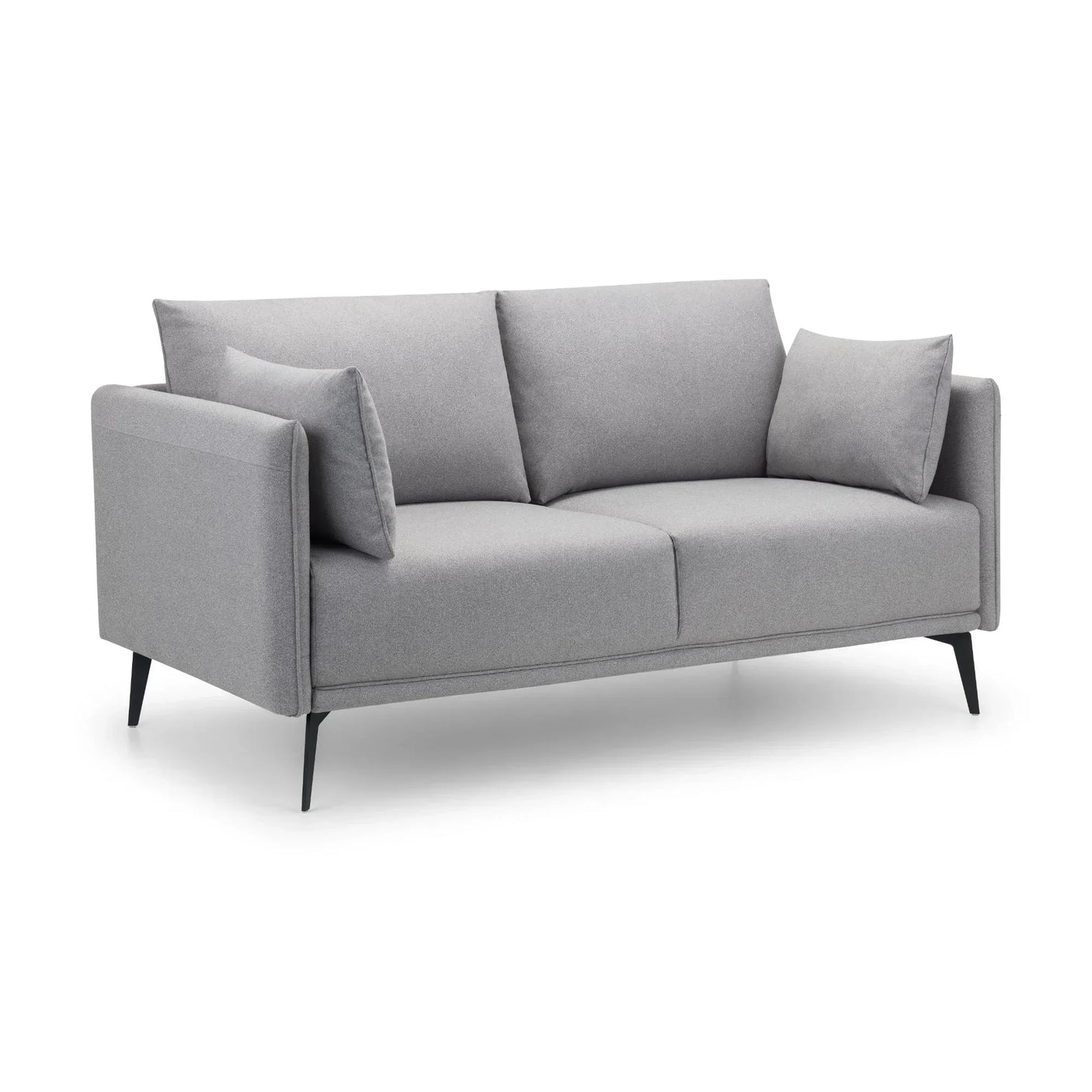 Grey 2 seater sofa with slim black legs and scatter cushions, front angled view