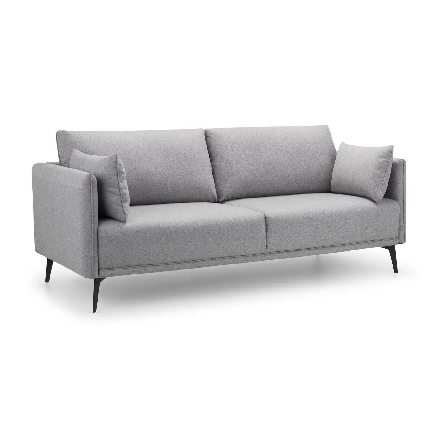 Grey three seater sofa with slim black legs and two matching cushions on white background