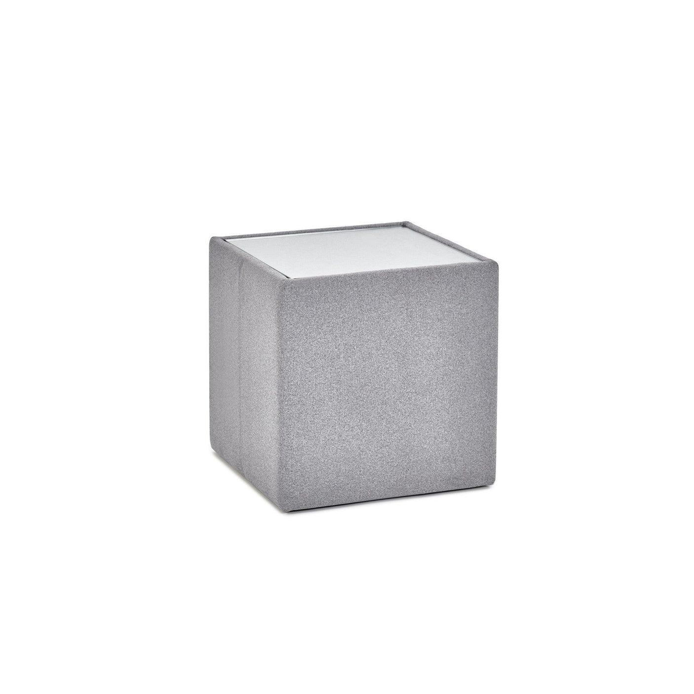 Grey cube side table with soft textured finish and minimalist design on white background