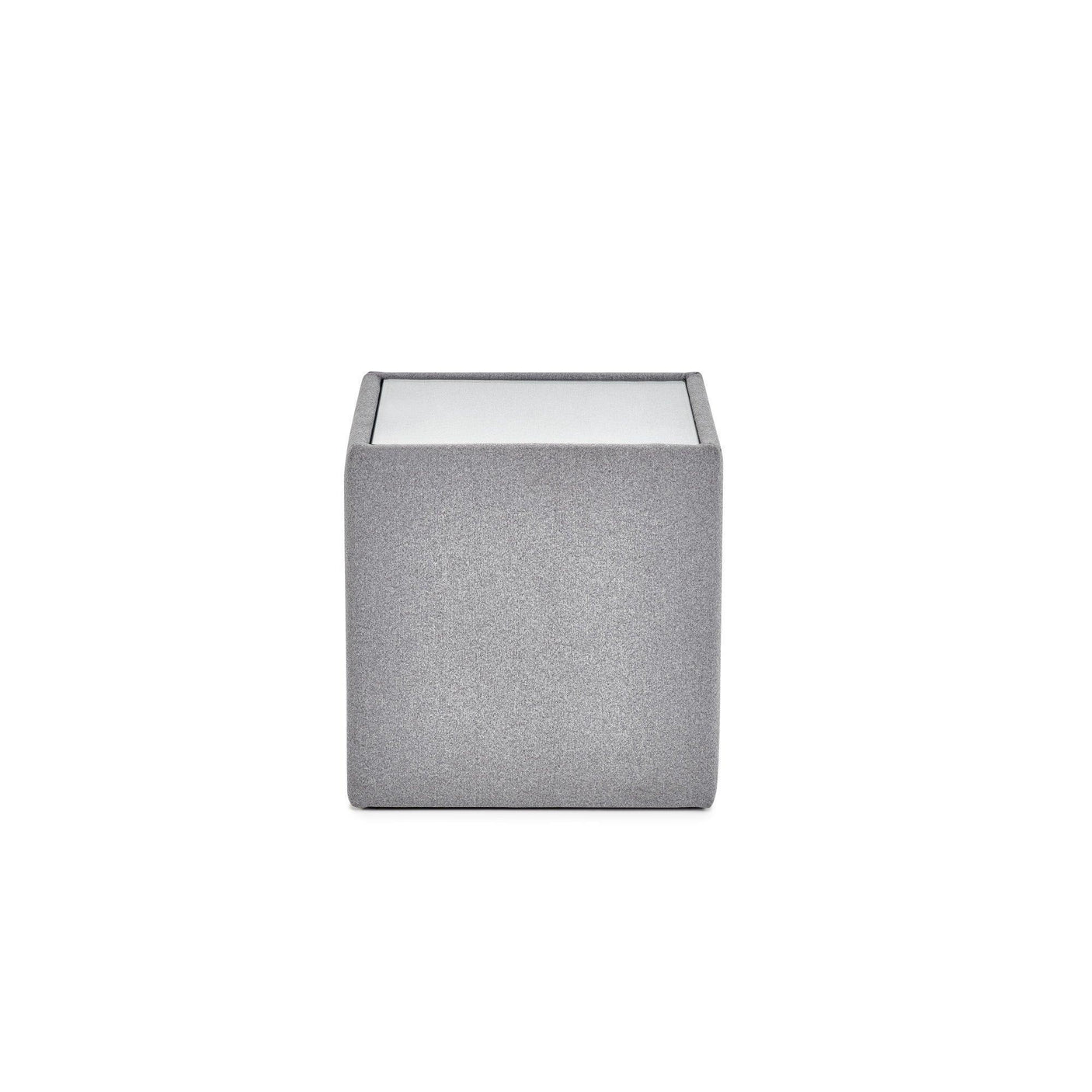 Grey cube side table with fabric finish and white top, front view