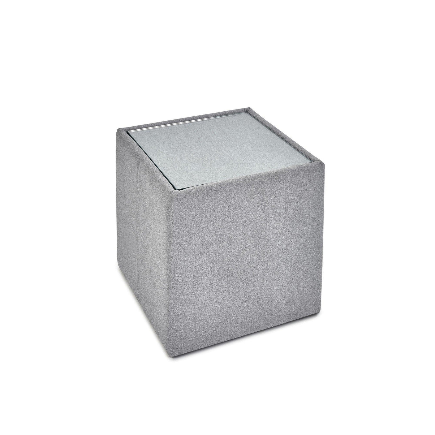 Grey fabric ottoman cube with glass top, modern storage footstool for living room
