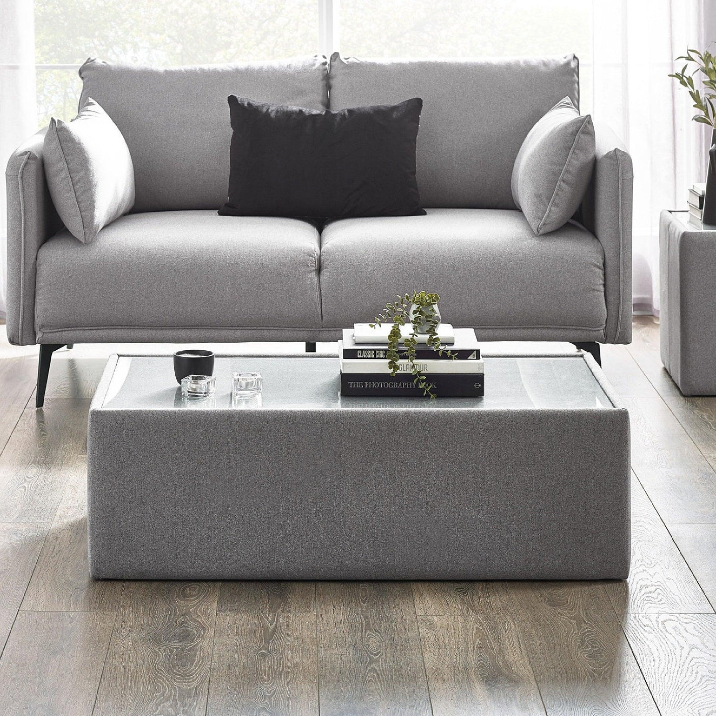 Grey fabric sofa with black cushion behind modern rectangular ottoman coffee table