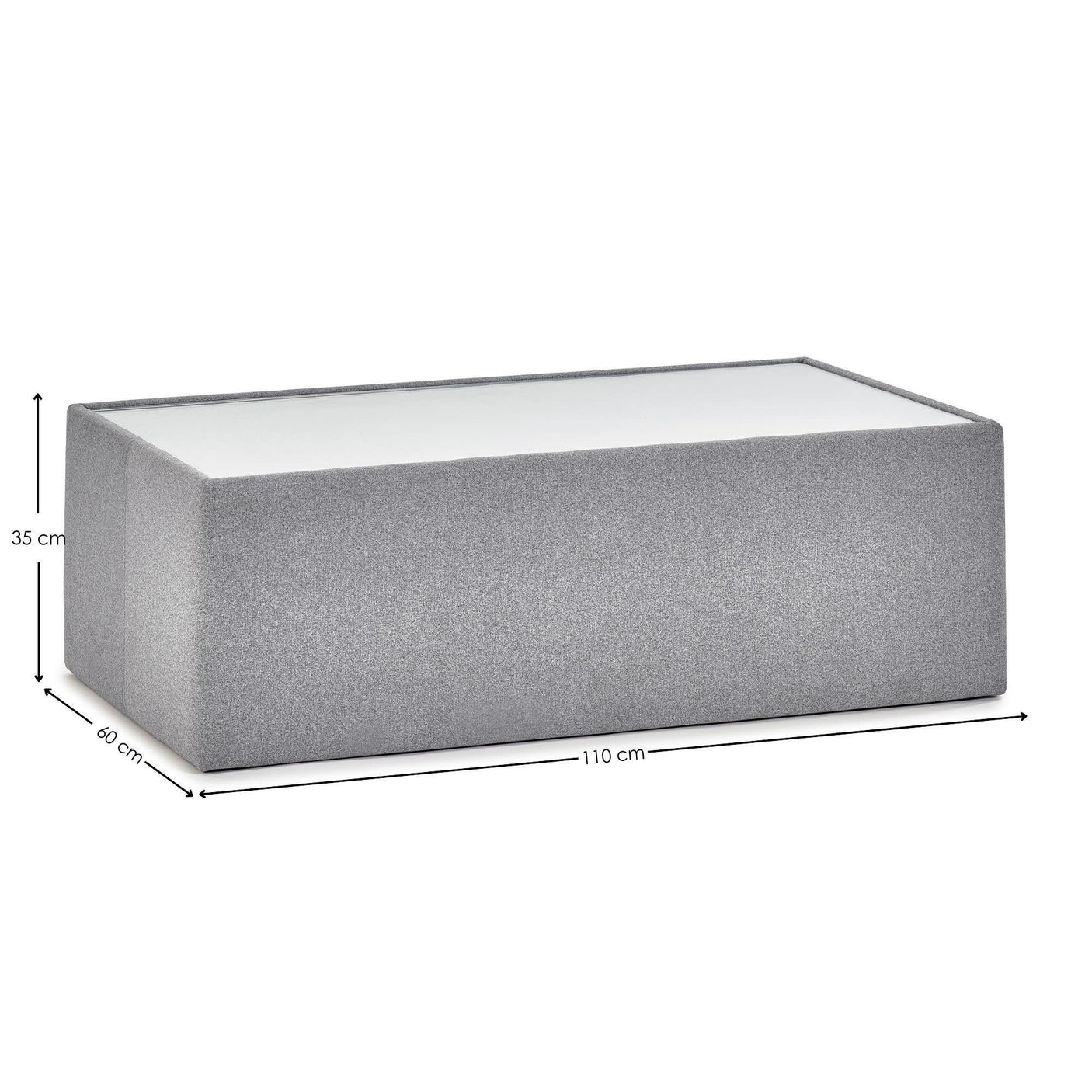 Rectangular grey upholstered ottoman footstool with dimensions 110x60x35 cm