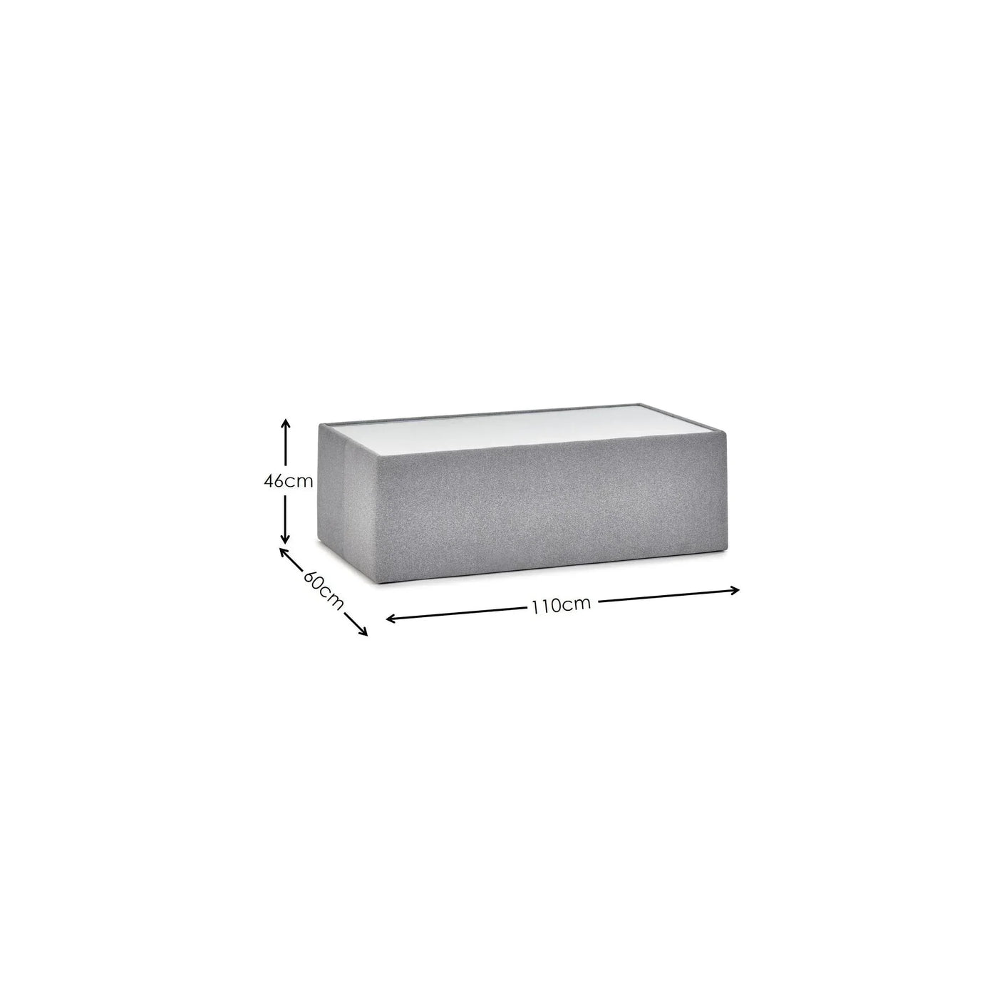 Rectangular grey coffee table with white top and measurements 110cm by 60cm by 46cm