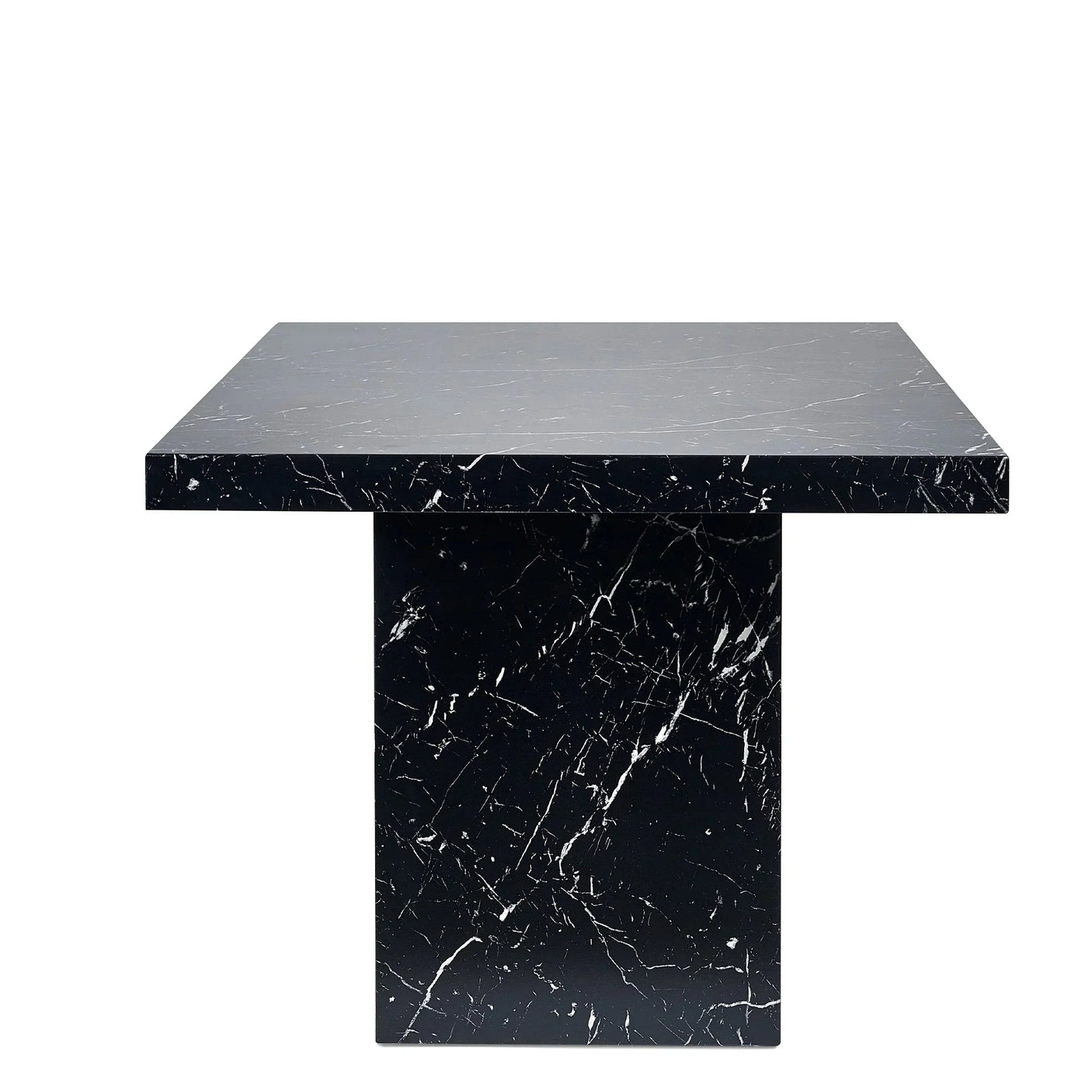 Square black marble effect dining table with pedestal base, front angle view