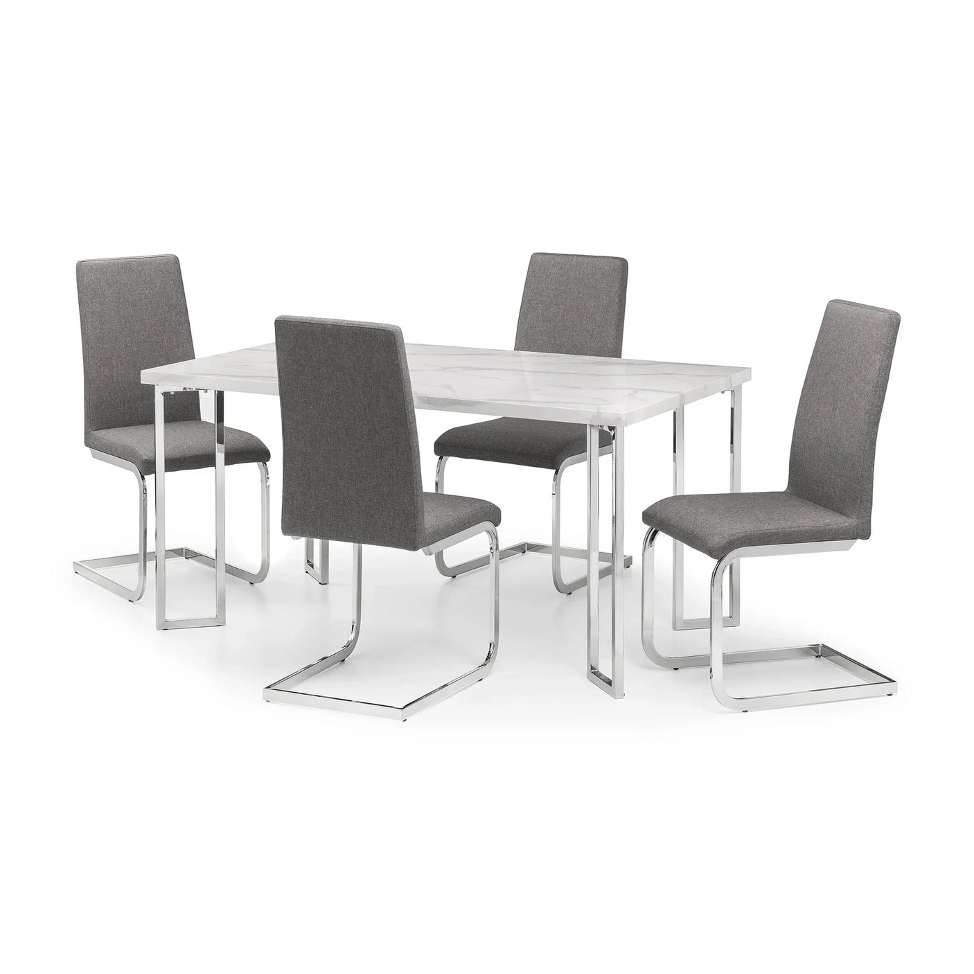 Slate grey cantilever dining chairs with chrome legs around white rectangular dining table
