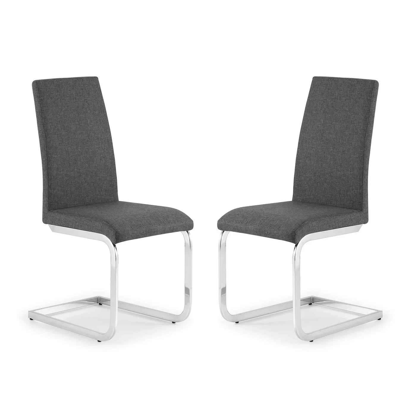 Pair of slate grey cantilever dining chairs with chrome frame, side by side on white background