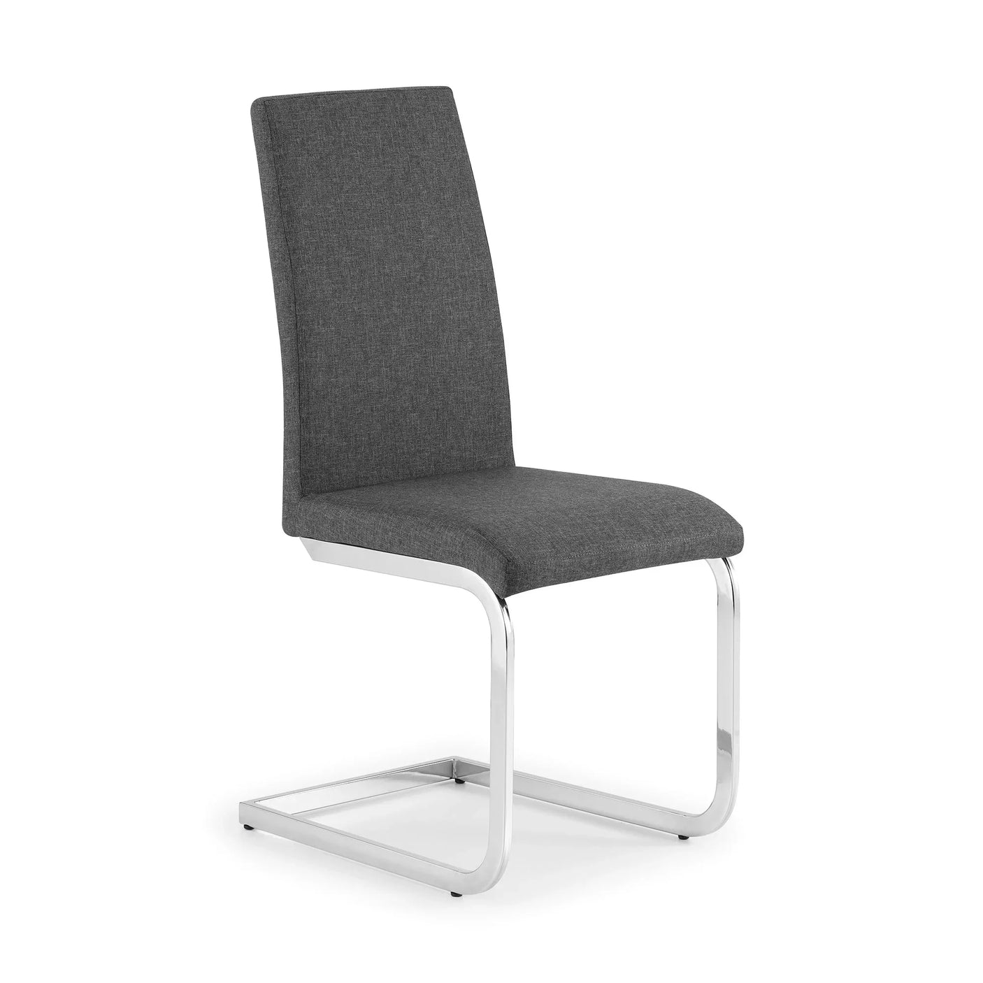 Grey fabric dining chair with chrome cantilever base, side view on white background