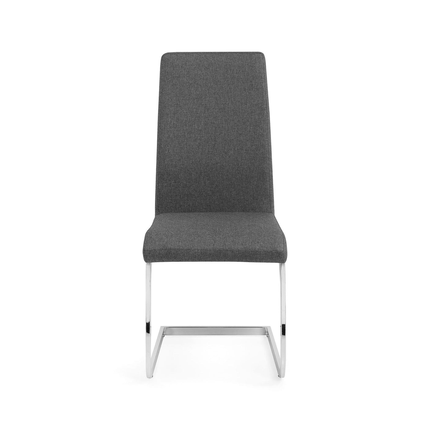 Grey fabric dining chair with chrome cantilever legs, straight front view