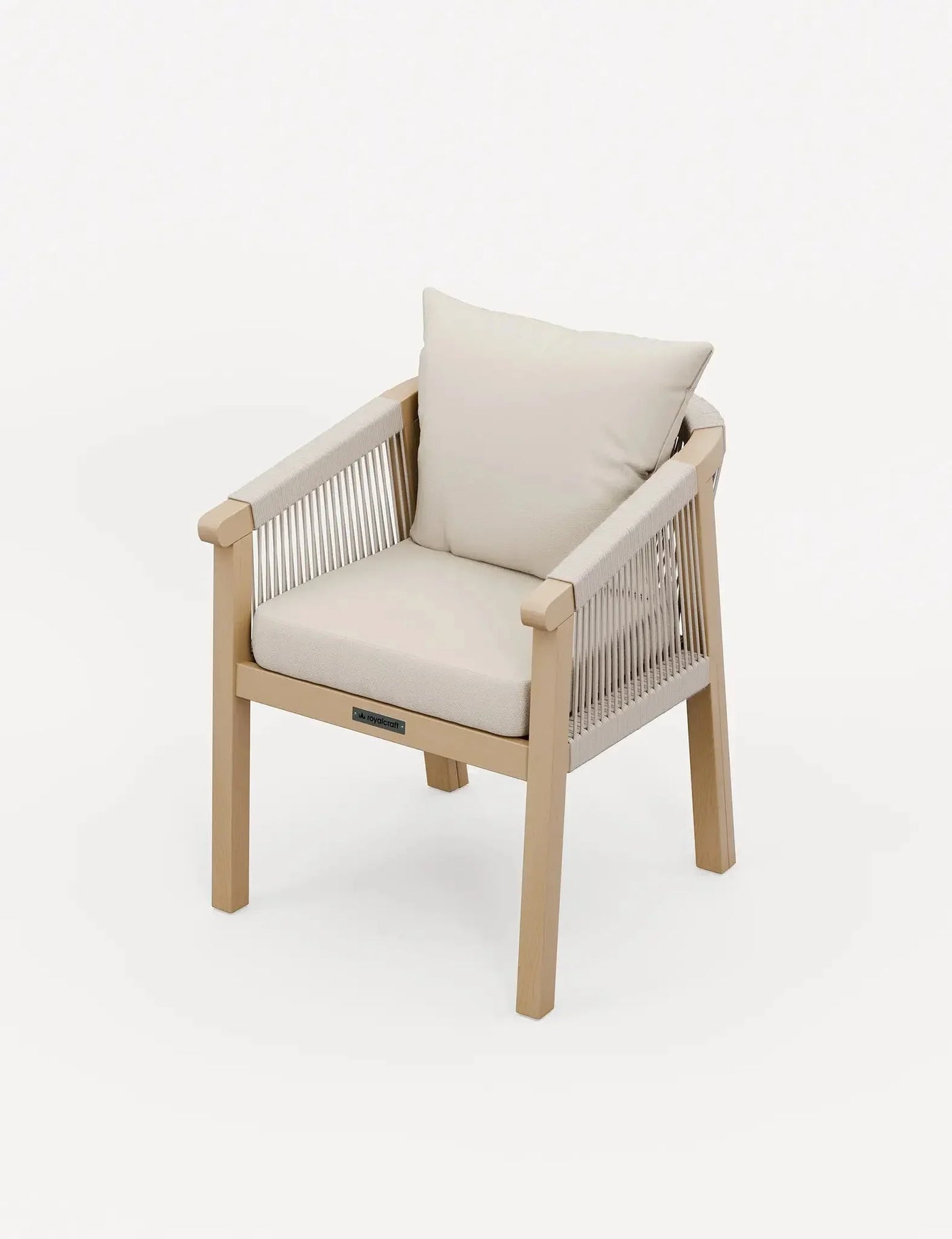 Beige wooden armchair with rope sides and cream cushions, front angle view