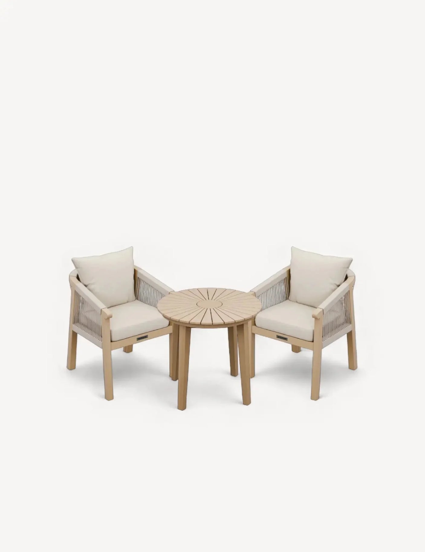 Wooden garden bistro set with round table and two cushioned chairs