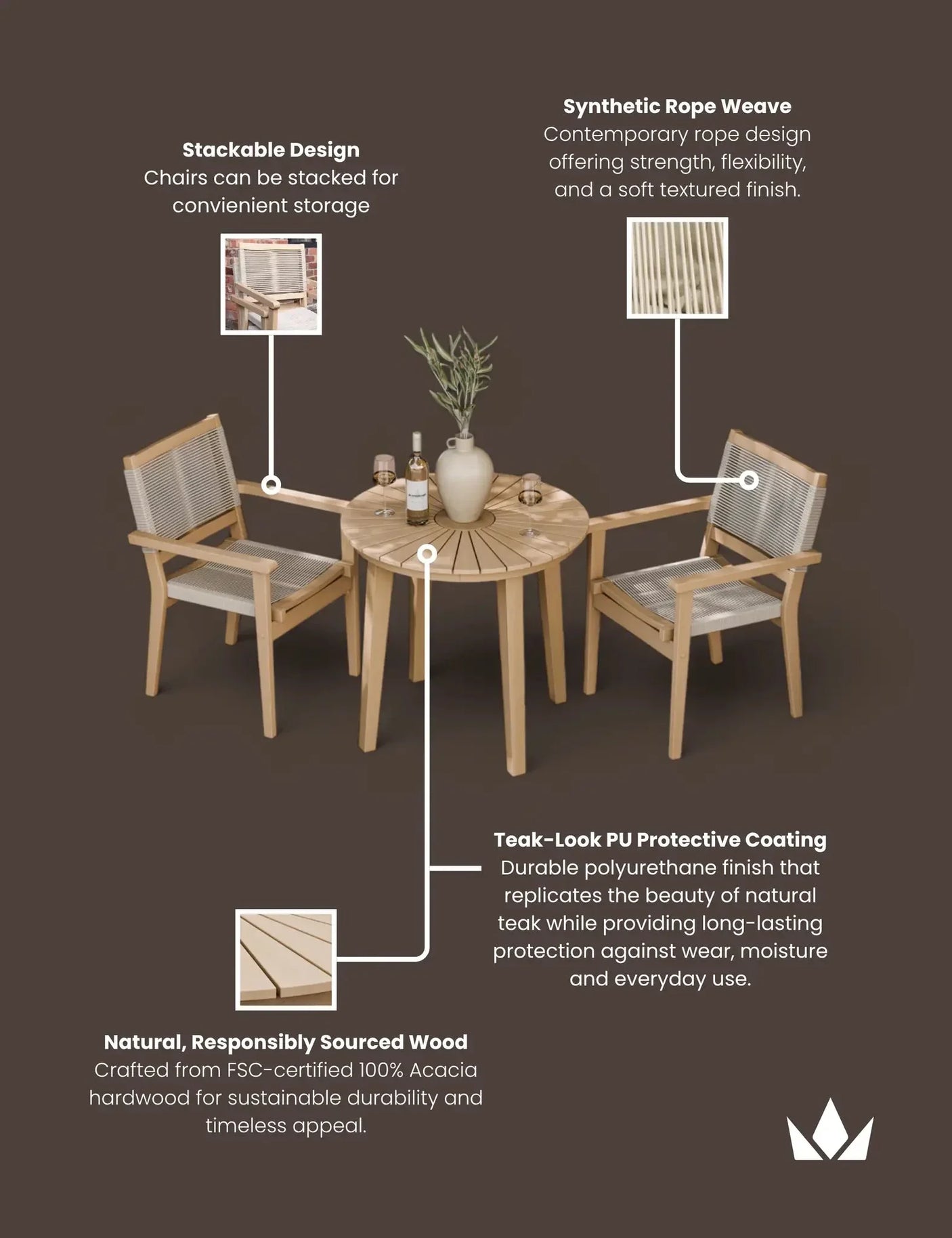 Acacia wood garden bistro set with synthetic rope chairs and round slatted table, brown finish
