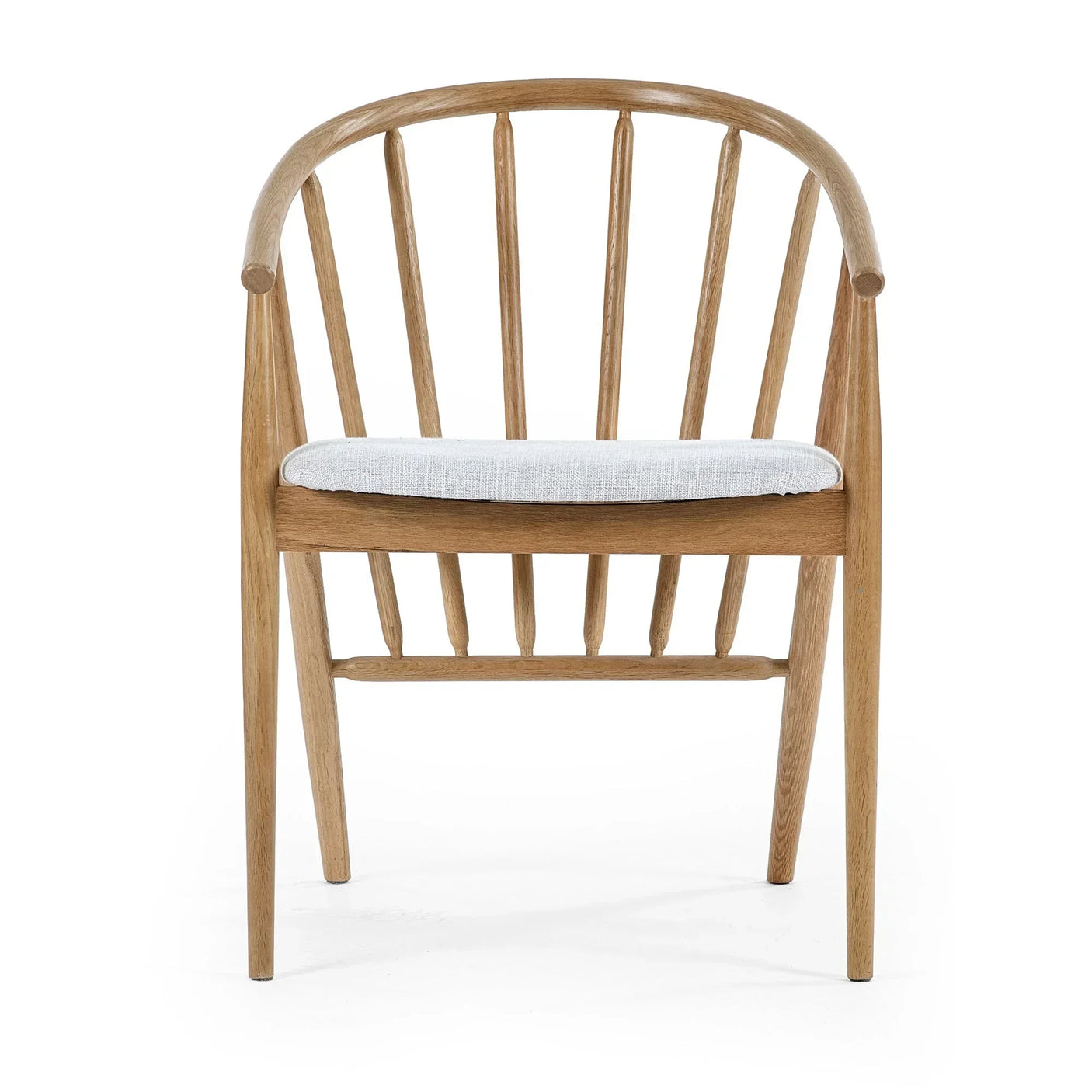 Oak dining chair with spindle back and white upholstered seat cushion, front view