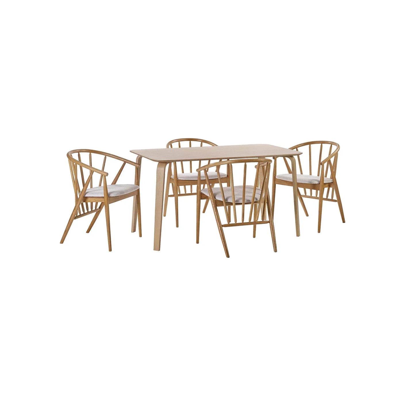 Oak dining table with four matching spindle back chairs and cushioned seats