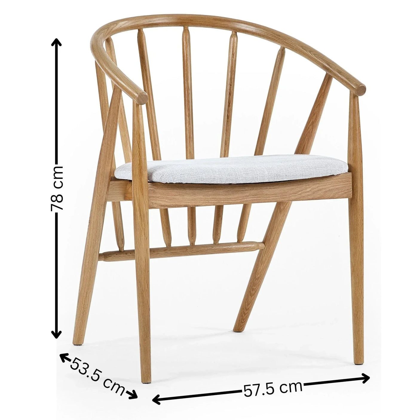 Oak dining chair with curved backrest, spindle detailing, cushioned seat, and measurements shown