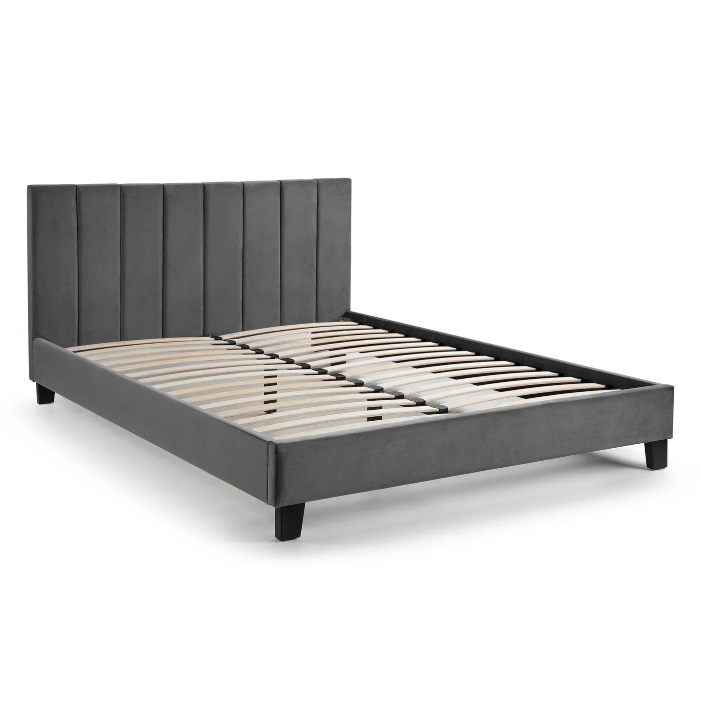 Grey velvet single bed frame with vertical panel headboard and wooden slats