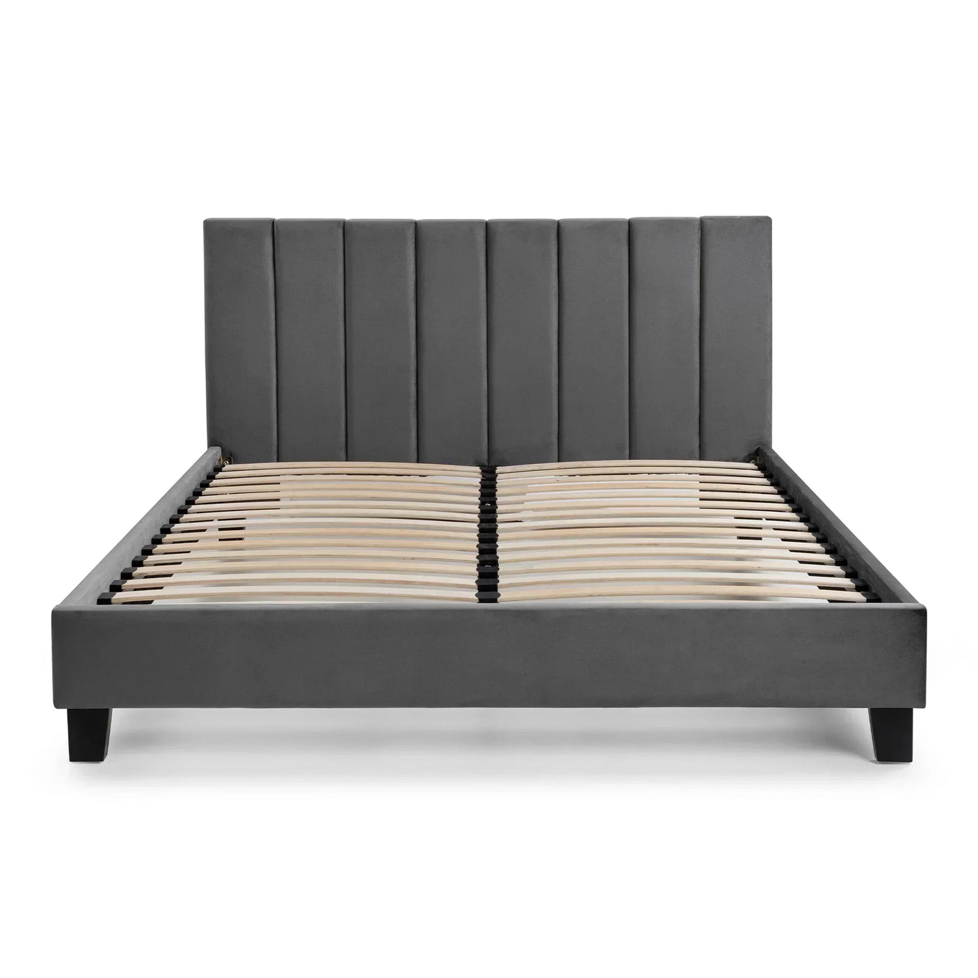 Grey velvet single bed frame with vertical panel headboard and wooden slats, front view
