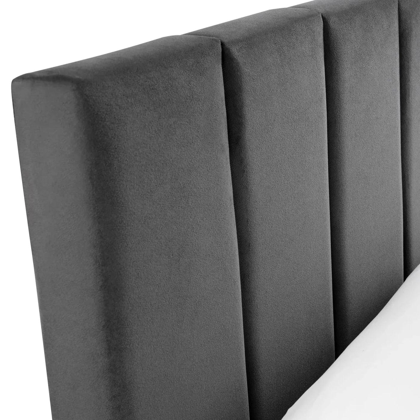 Grey velvet single bed headboard with vertical panel detail