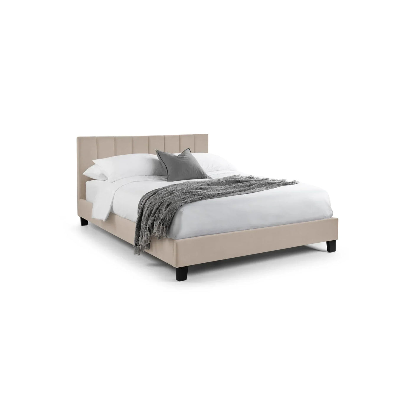 Beige upholstered bed frame with vertical panel headboard, white bedding and grey throw blanket