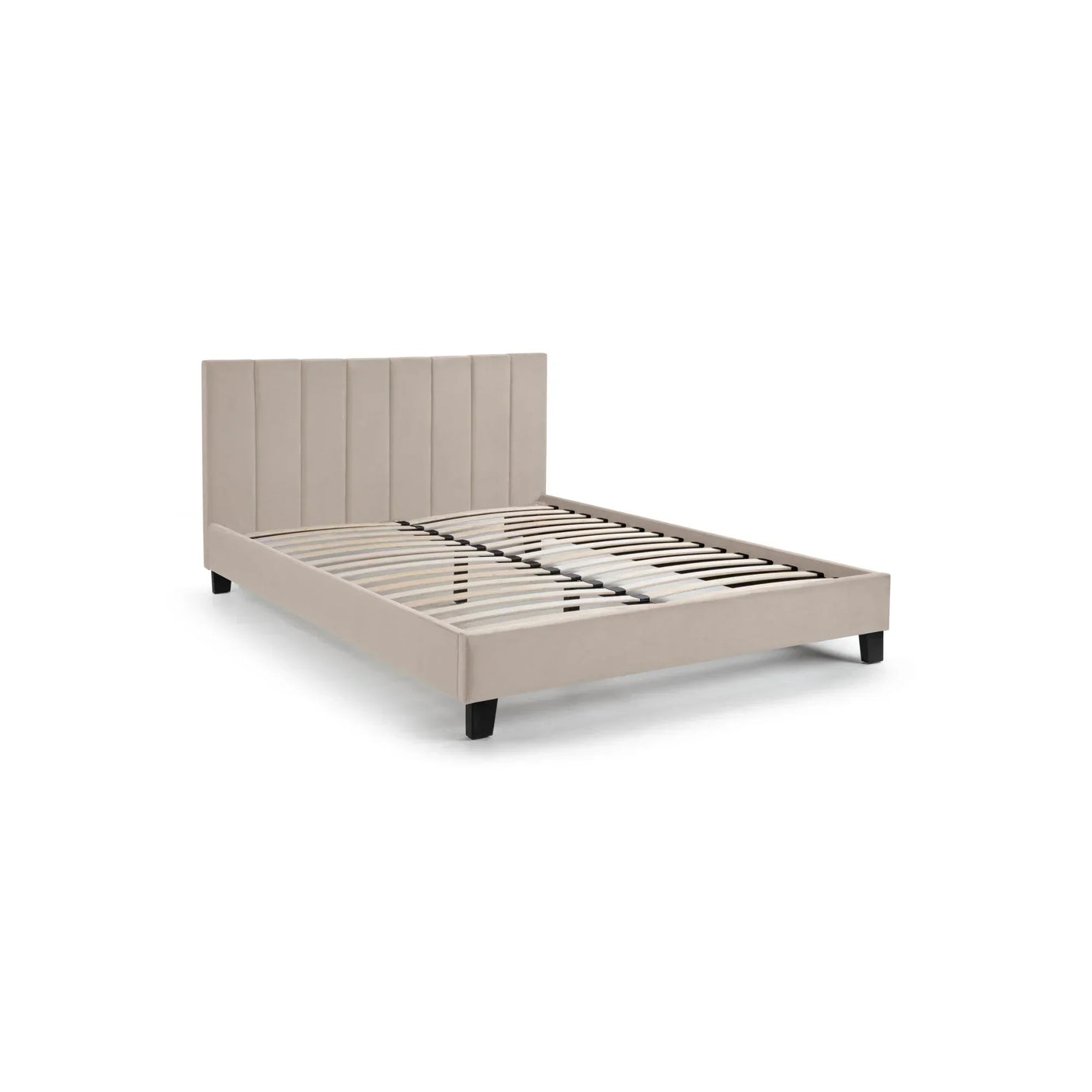 Beige upholstered bed frame with vertical panel headboard and wooden slats, angled view