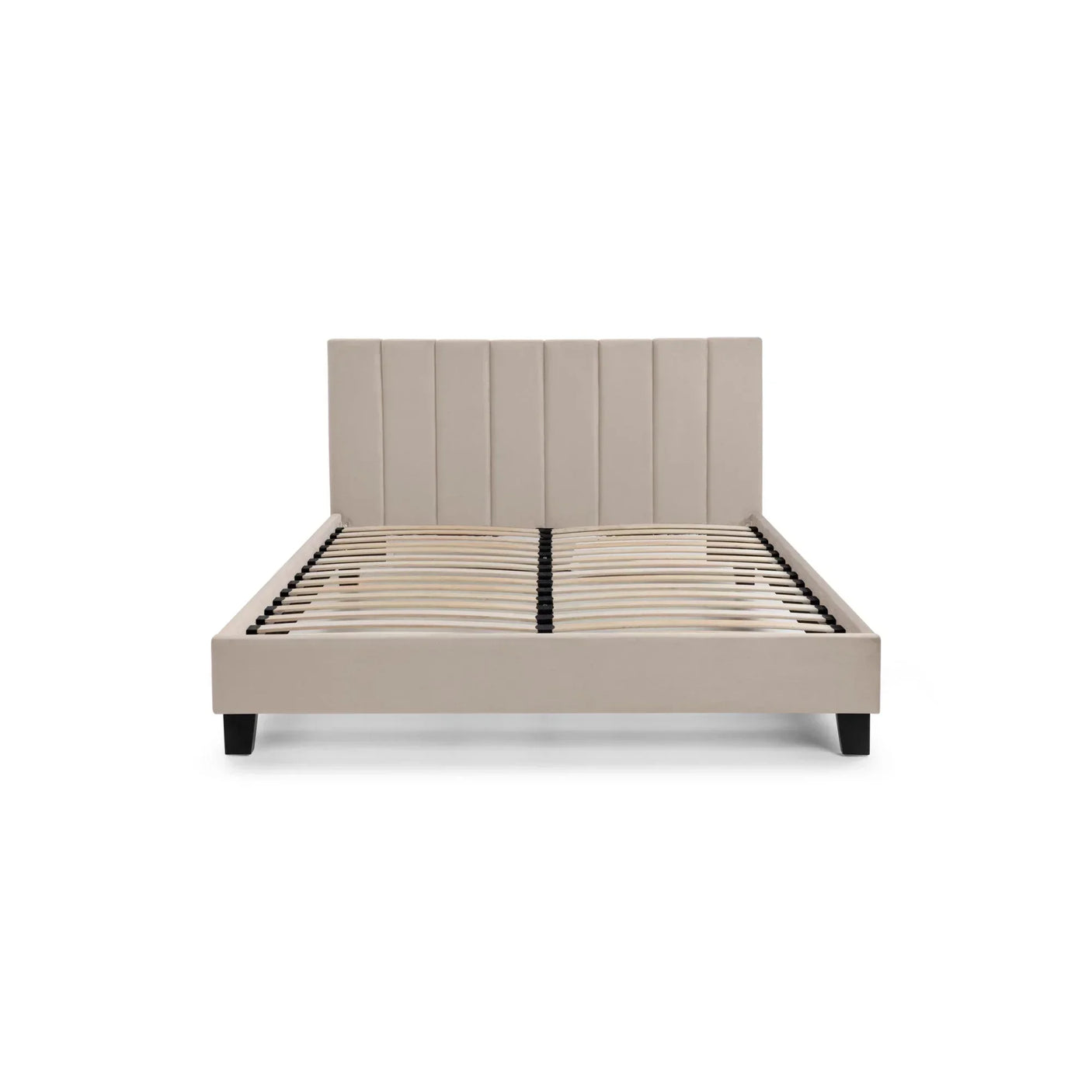 Beige upholstered bed frame with vertical panel headboard, slatted base, and black legs