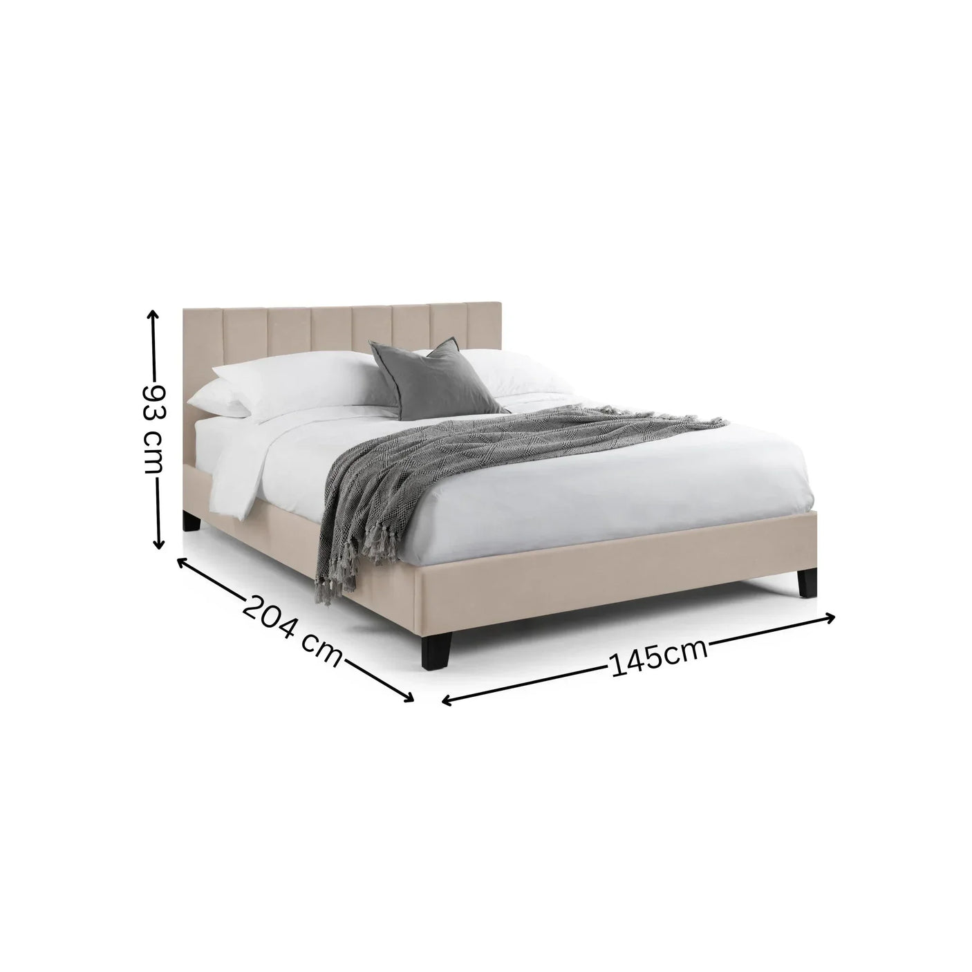 Beige upholstered bed frame with vertical headboard and black legs, dimensions shown