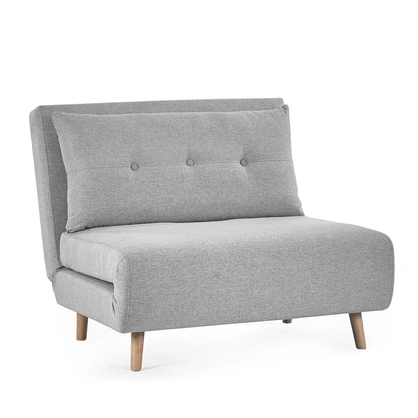 Grey fabric single sofabed with wooden legs and buttoned backrest on white background