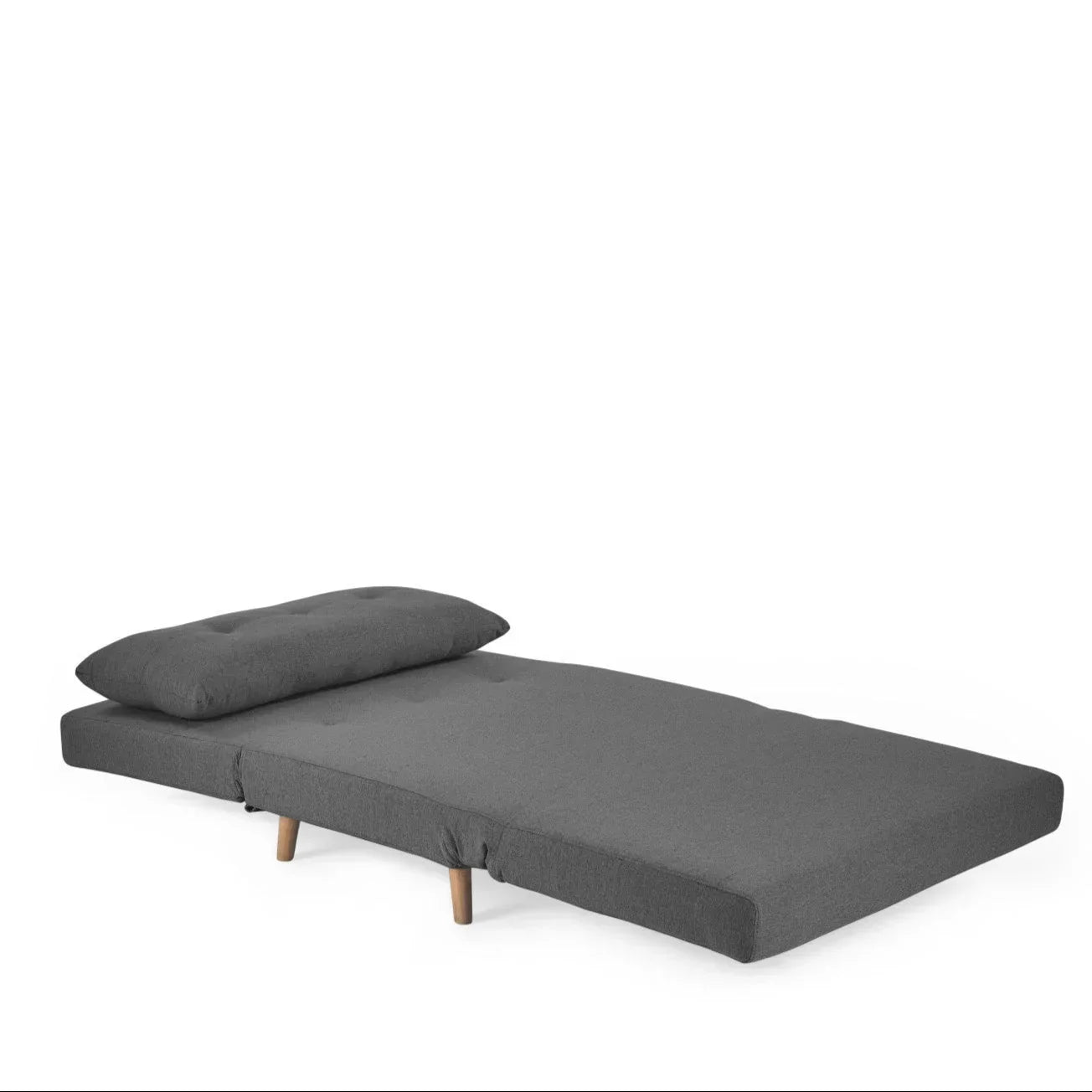 Rowan single sofabed in mid grey fabric shown in flat bed position with wooden legs