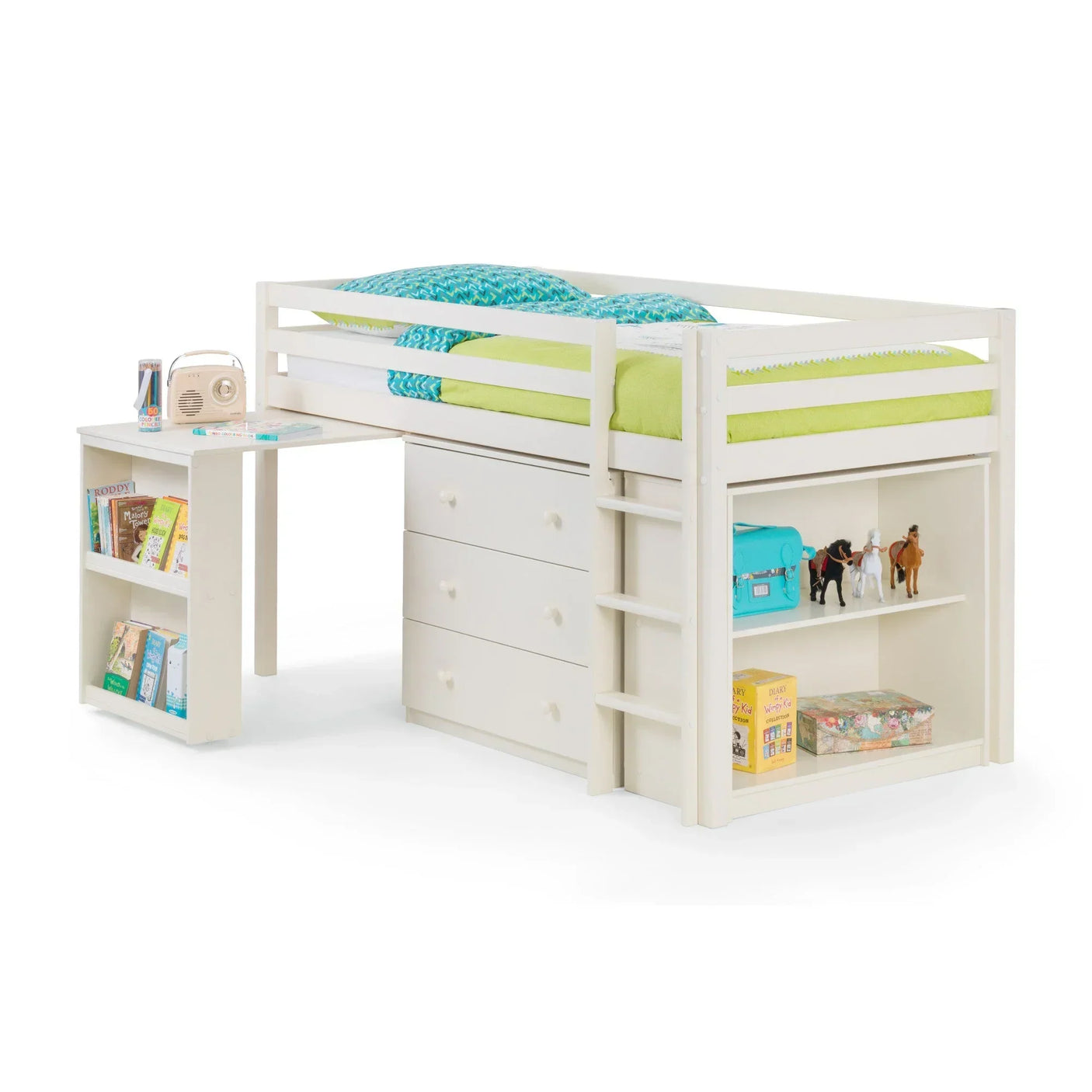 White kids sleepstation bed with drawers, bookshelves, pull-out desk and ladder