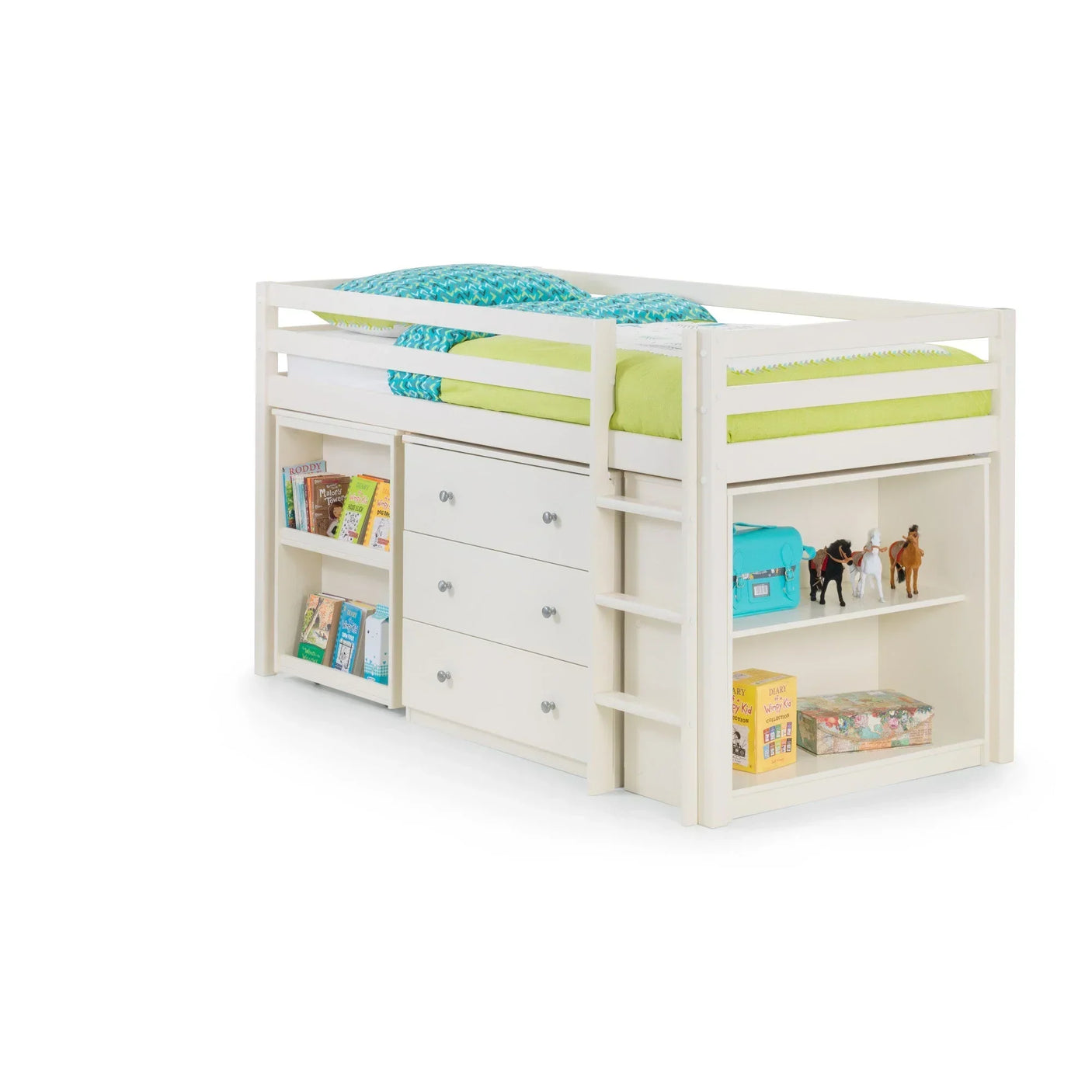White kids' sleepstation bed with ladder, drawers and shelving, shown with books and toys