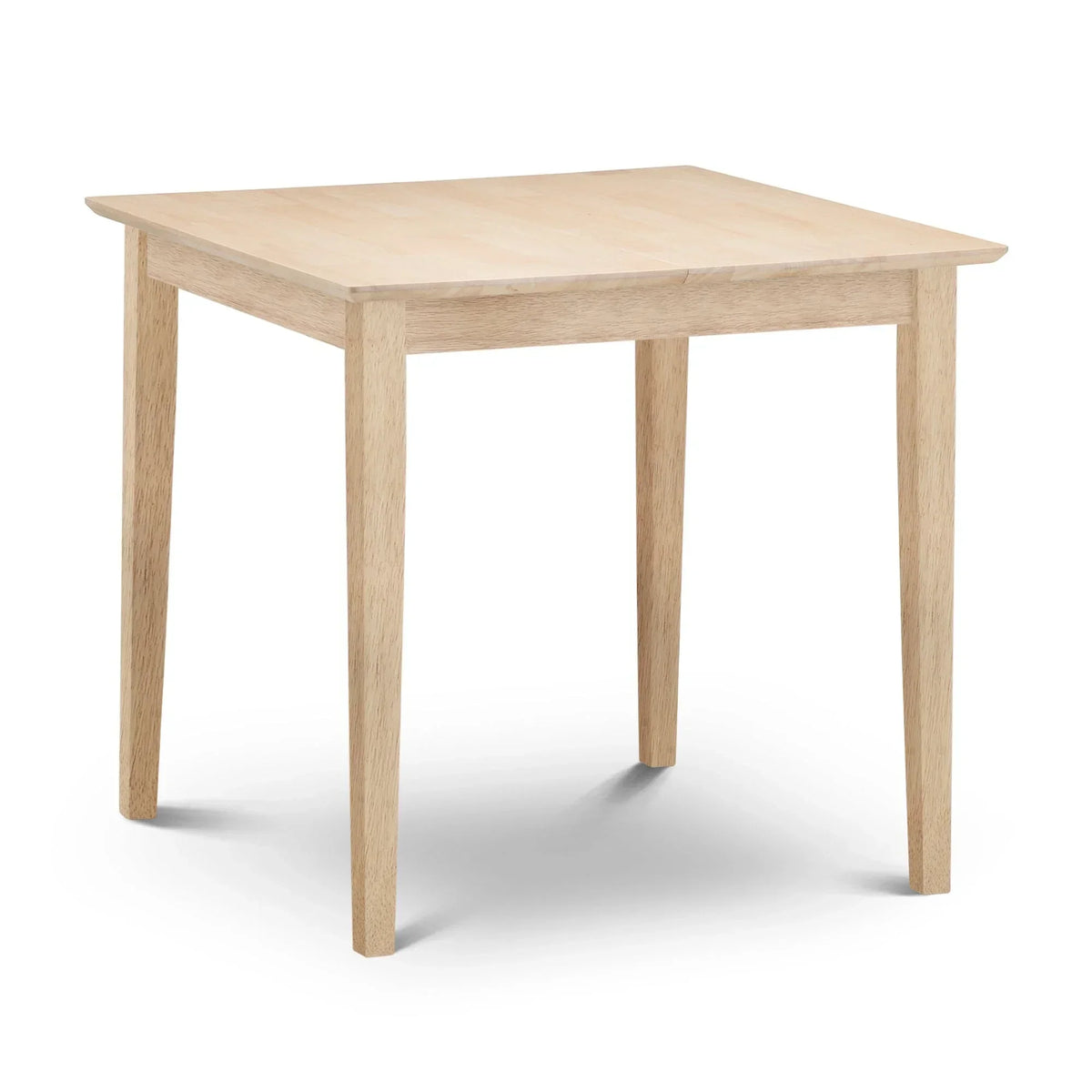 Natural wood dining table with square top and tapered legs on white background