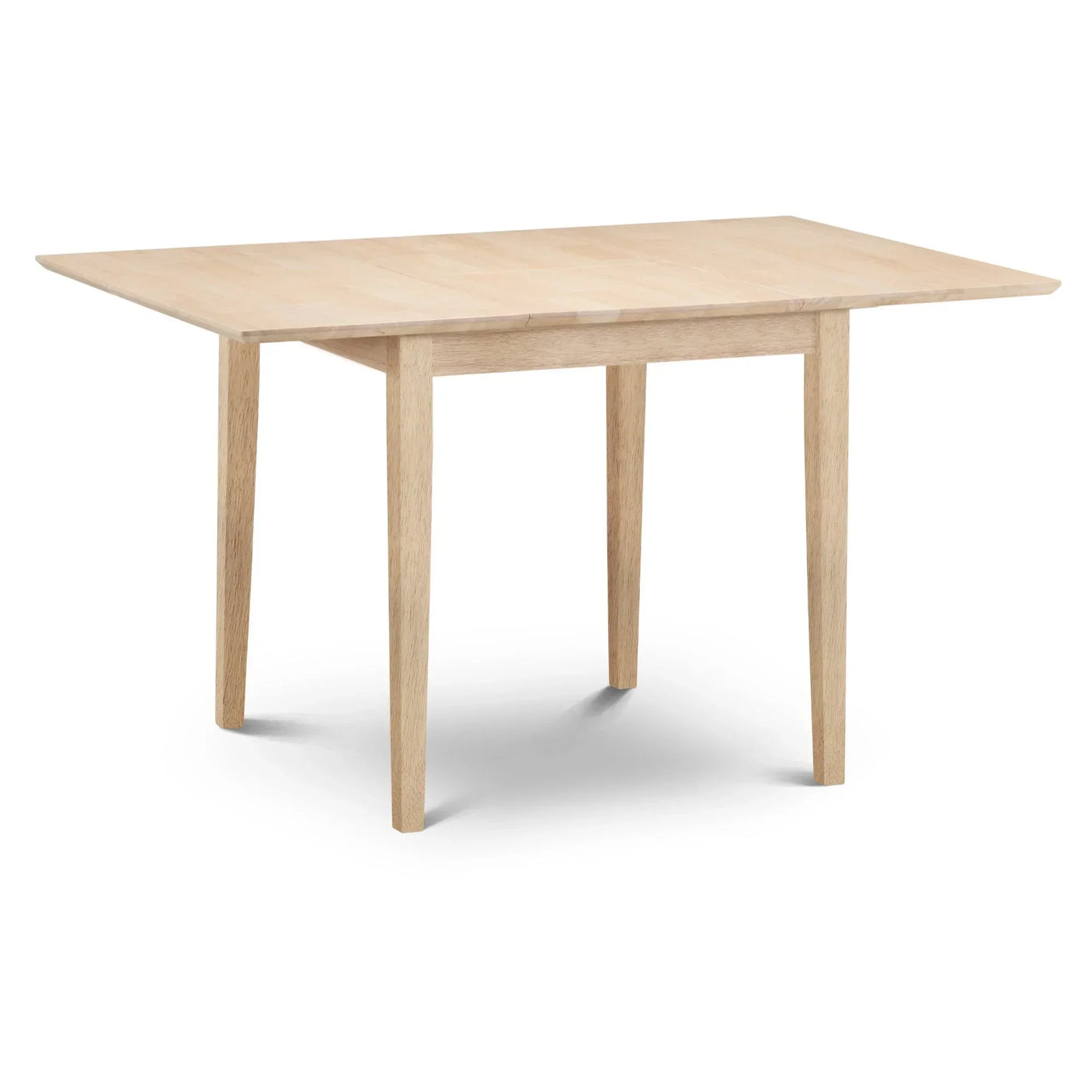 Natural wood dining table with rectangular top and straight legs on white background