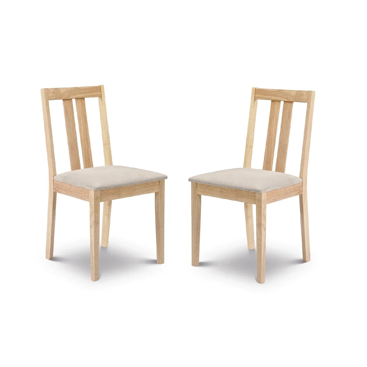 Pair of natural wood dining chairs with light cushioned seats on white background
