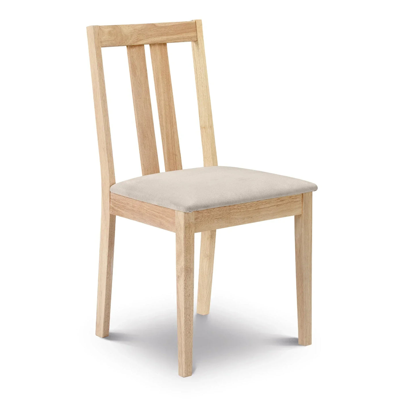 Natural wood dining chair with slatted backrest and light upholstered seat