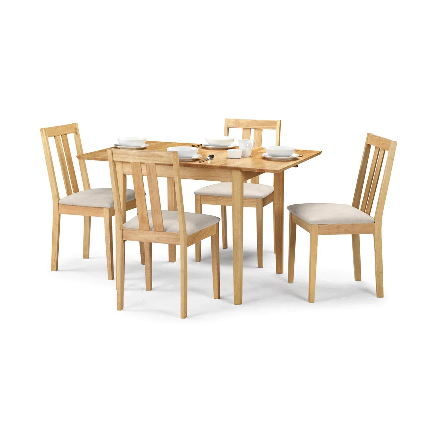 natural wood dining table set with four upholstered chairs and tableware on white background