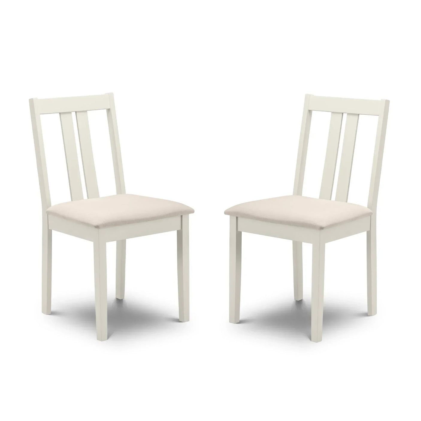 Pair of white wooden dining chairs with light cushioned seats and slatted backs