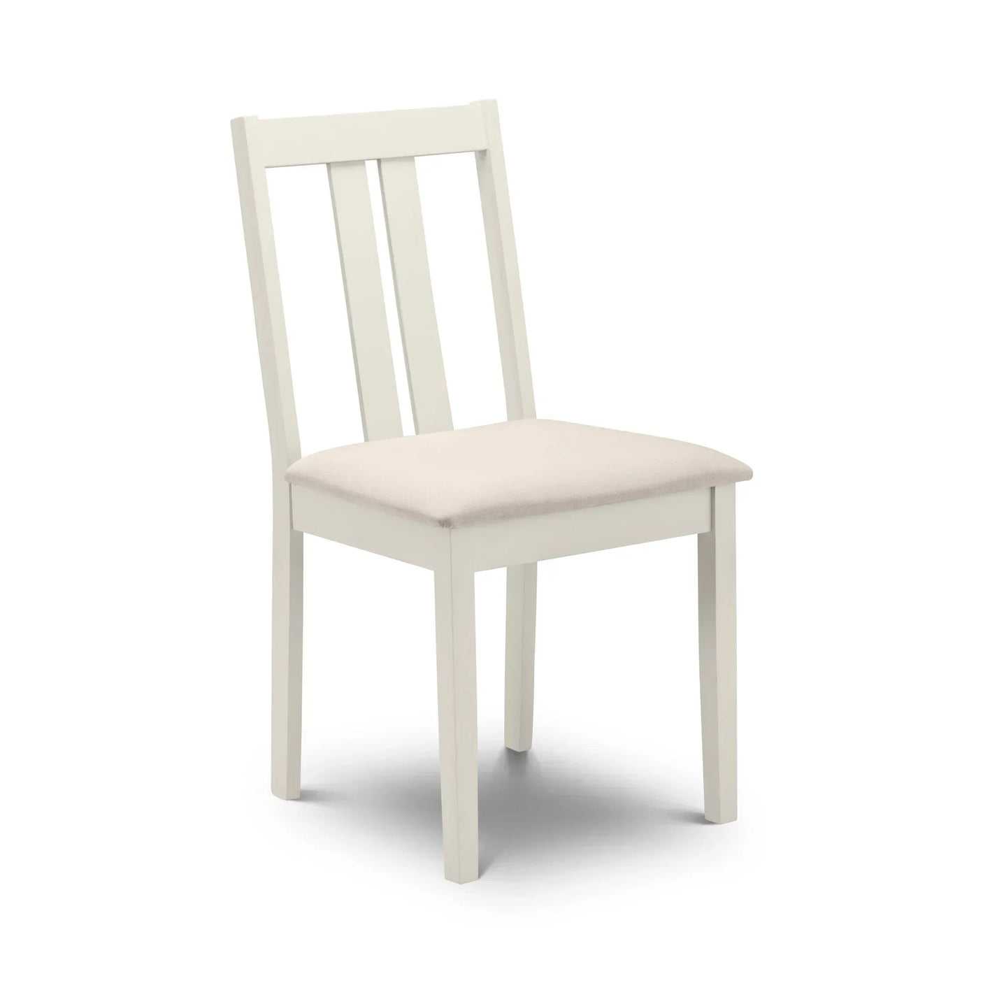 White wooden dining chair with slatted back and light cushioned seat on white background
