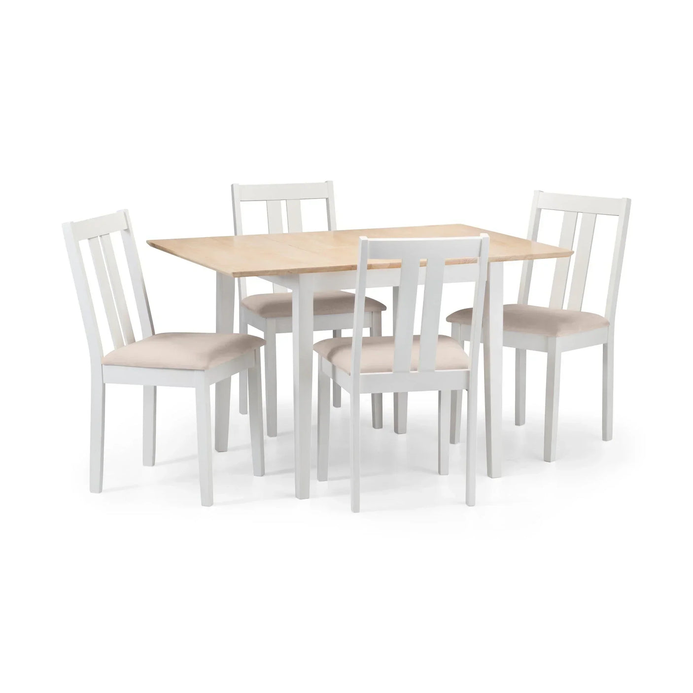 Rectangular wooden dining table with four white chairs and cushioned seats on white background