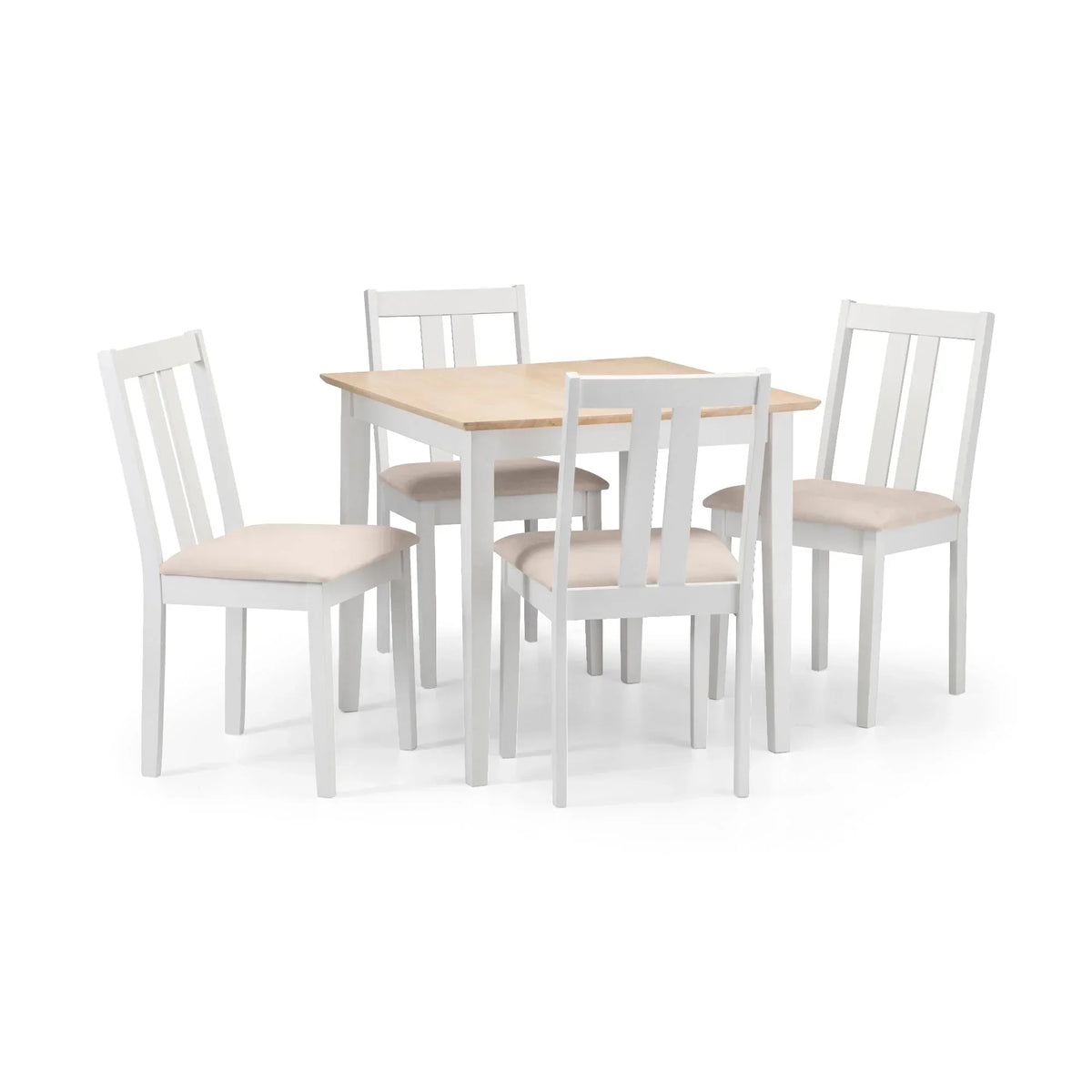 Ivory and natural dining table with four white slatted chairs and beige seat pads