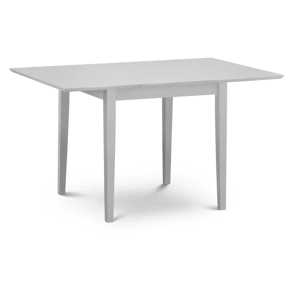 Rectangular grey dining table with four straight legs and folding leaf design
