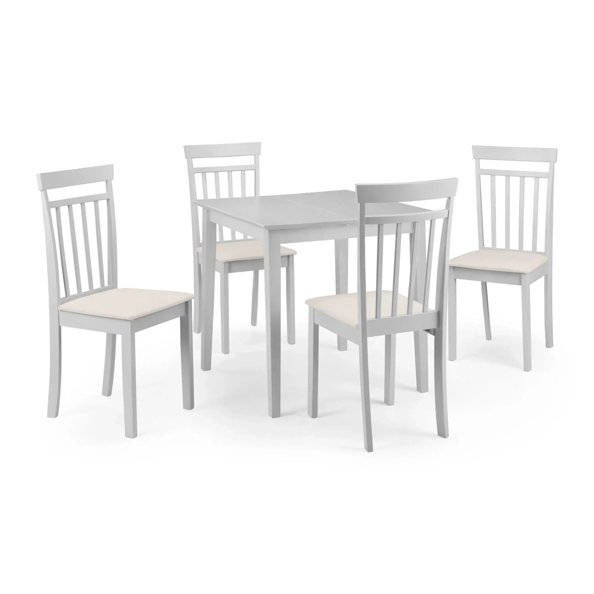 Grey dining table with four matching chairs and cushioned seats, cutout on white background