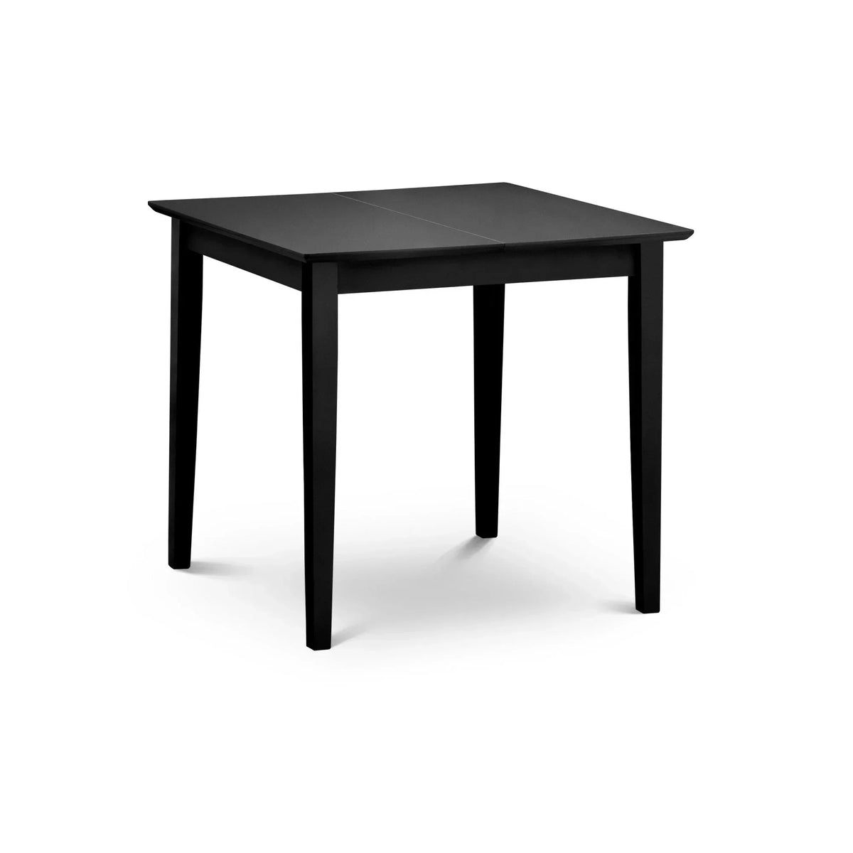 Black wooden square dining table with four legs and smooth finish on white background