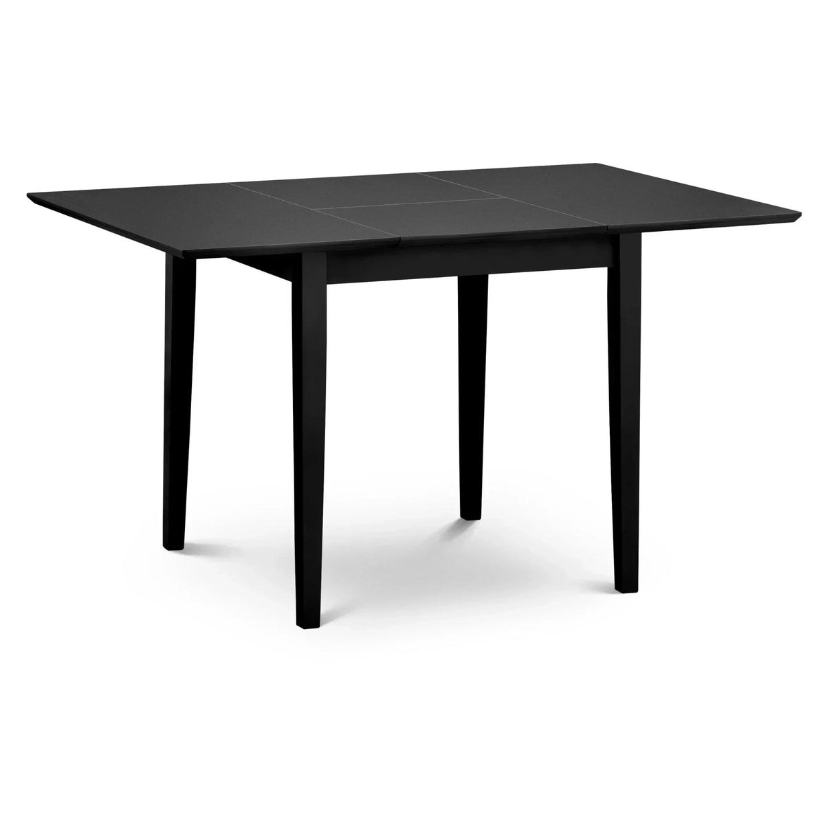 Black wooden dining table with rectangular drop-leaf design and four straight legs