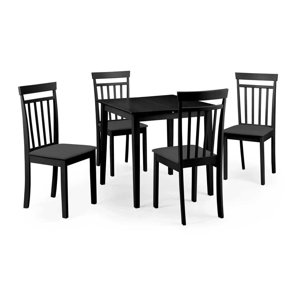 Black dining table set with four slat back chairs on white background