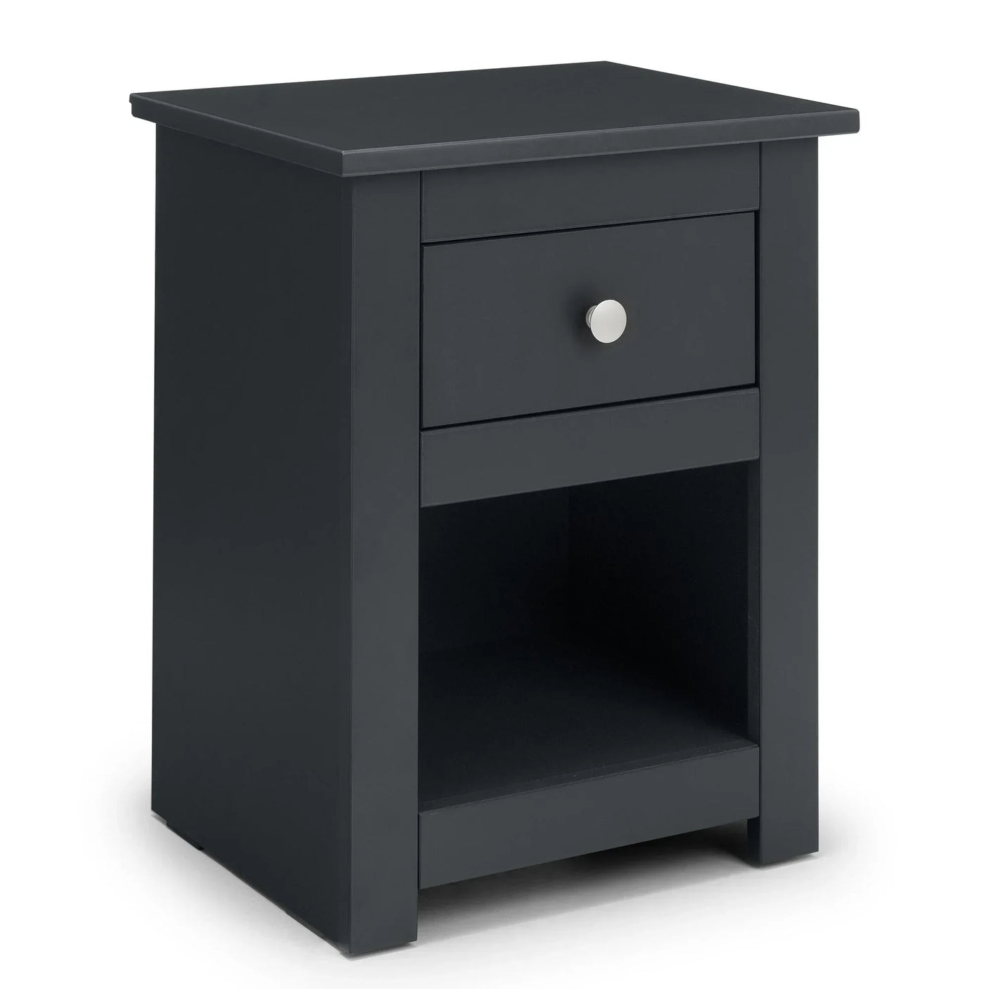 Anthracite bedside table with one drawer and open shelf, silver handle, front angle view