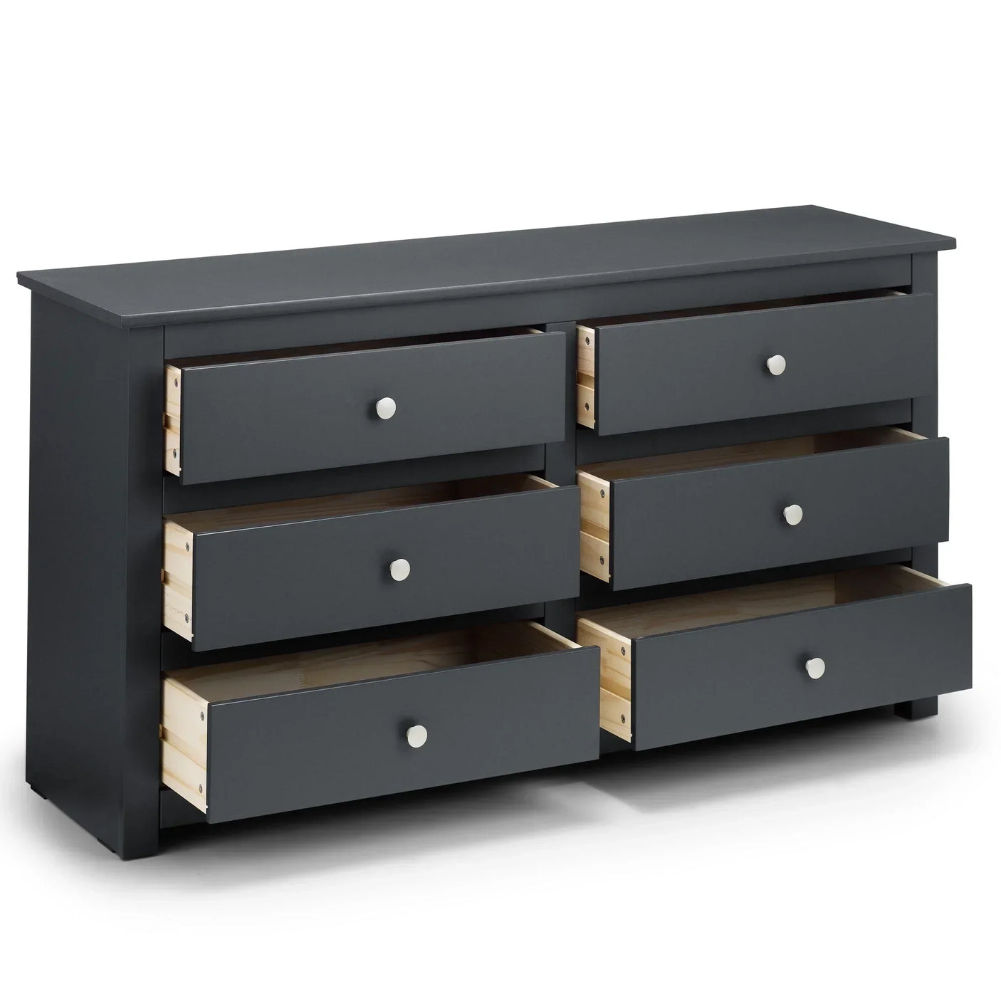 Anthracite six drawer chest of drawers with all drawers open, modern bedroom storage